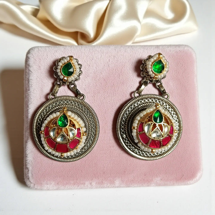 Telanaari Elegant Harsim Dual Tone Fushion Pachi Kundan Silver Plated Earrings