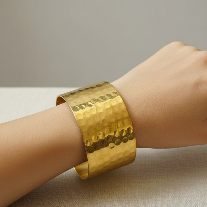 Tarnish Free Wide Hammered Brass Cuff Bracelet
