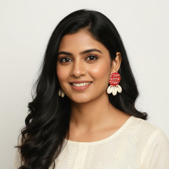 Tela Naari Handmade Script & Cowrie Dangler Earrings