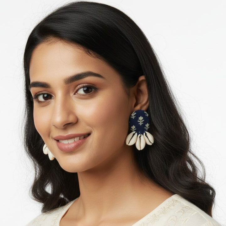 Tela Naari Indigo Bloom Handmade Cowrie Earrings