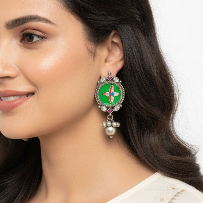 Tela Naari Dhanvi Silver Oxidised Handpainted Drops Earrings