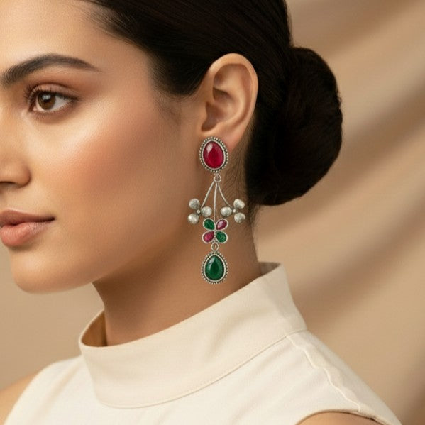 Tela Naari Ena Silver Oxidised Floral Drop Earrings