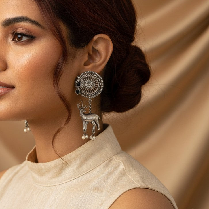 Binita Silver Oxidised Deer Charm Earrings