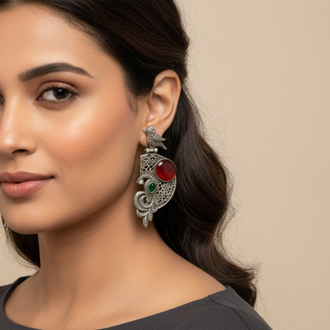Adira Bird & Stone Silver Oxidised Earrings