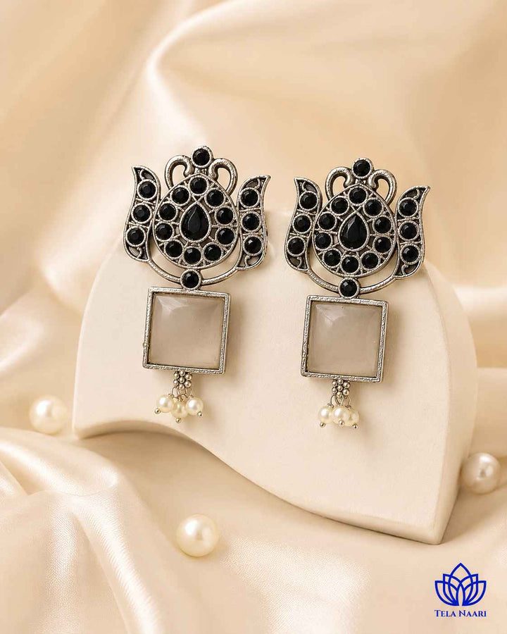 Silver Oxidised Earrings Azalea White