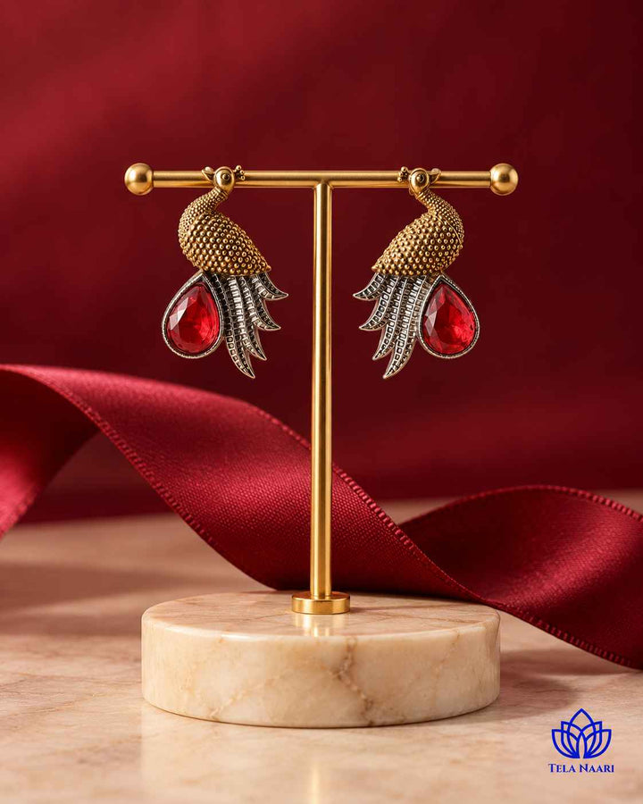 Red Peacock Dual Tone Stud Earrings