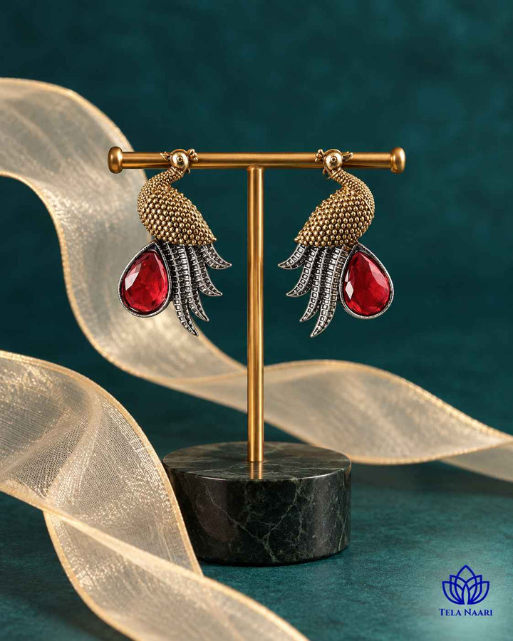 Red Peacock Dual Tone Stud Earrings