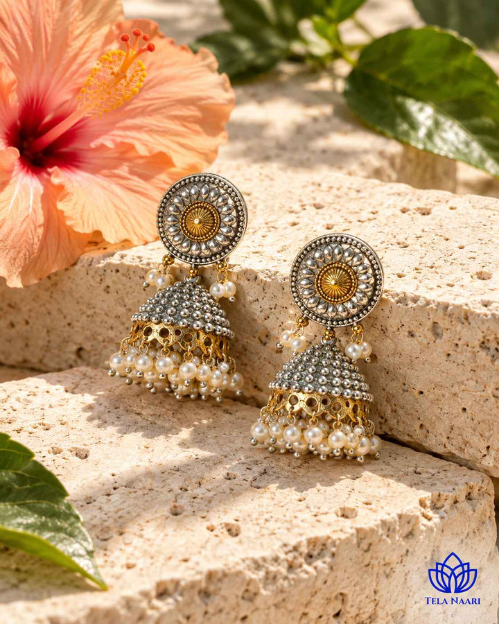 Renu Dual Tone Silver Plated Jhumka Earrings