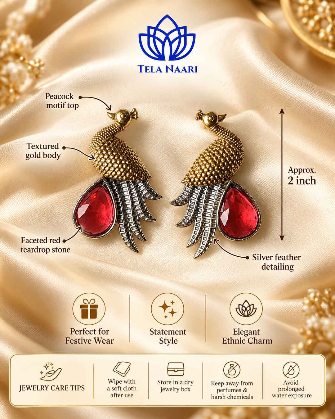 Red Peacock Dual Tone Stud Earrings
