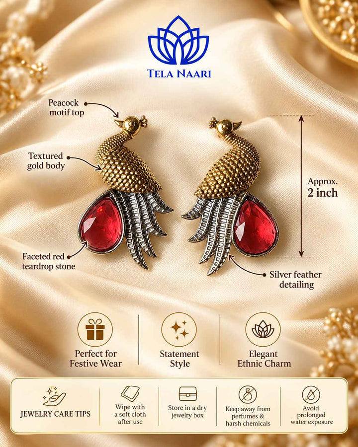 Red Peacock Dual Tone Stud Earrings