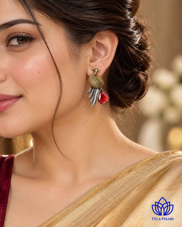 Red Peacock Dual Tone Stud Earrings