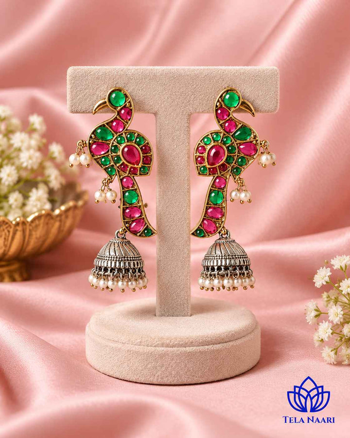 Sandhya Peacock Red Green Dual Tone Jhumka Earrings