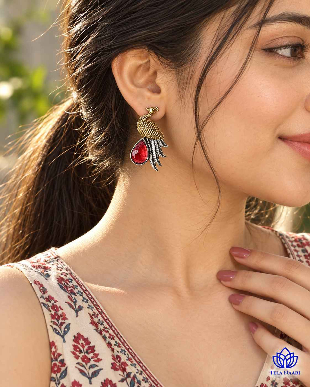 Red Peacock Dual Tone Stud Earrings