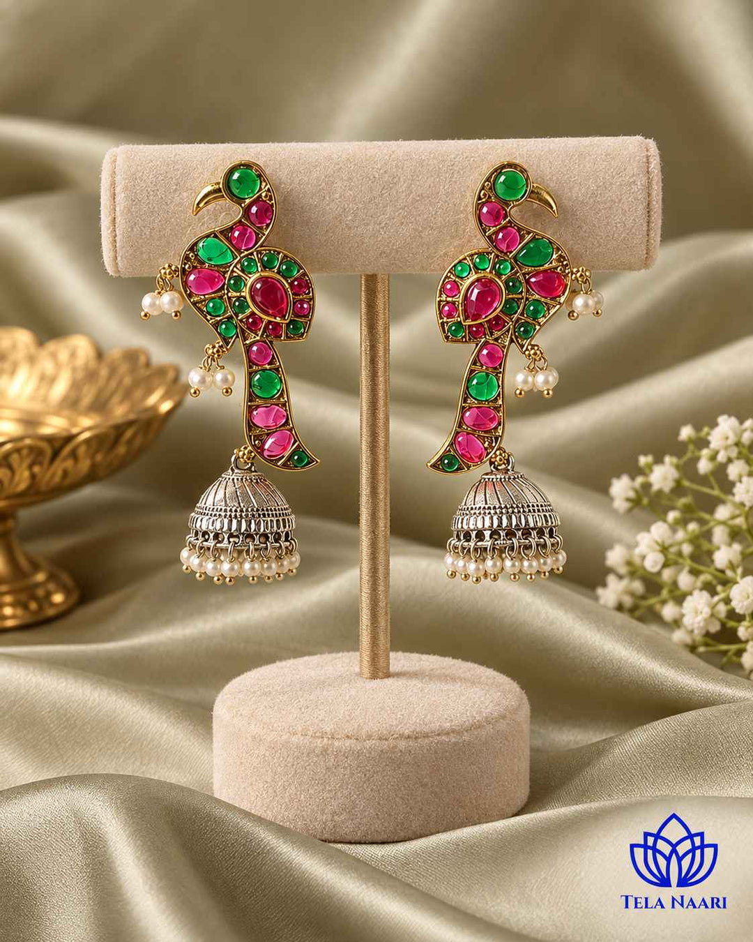 Sandhya Peacock Red Green Dual Tone Jhumka Earrings