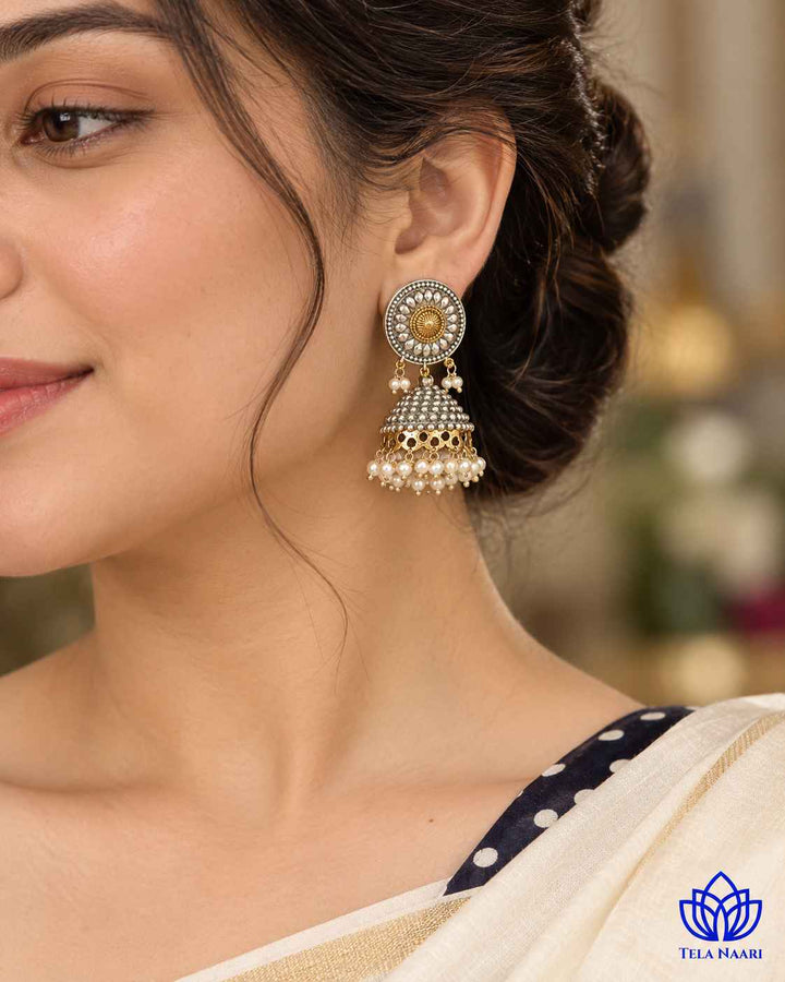 Renu Dual Tone Silver Plated Jhumka Earrings