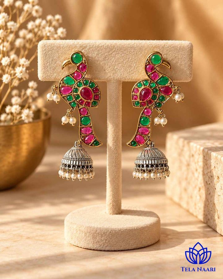 Sandhya Peacock Red Green Dual Tone Jhumka Earrings