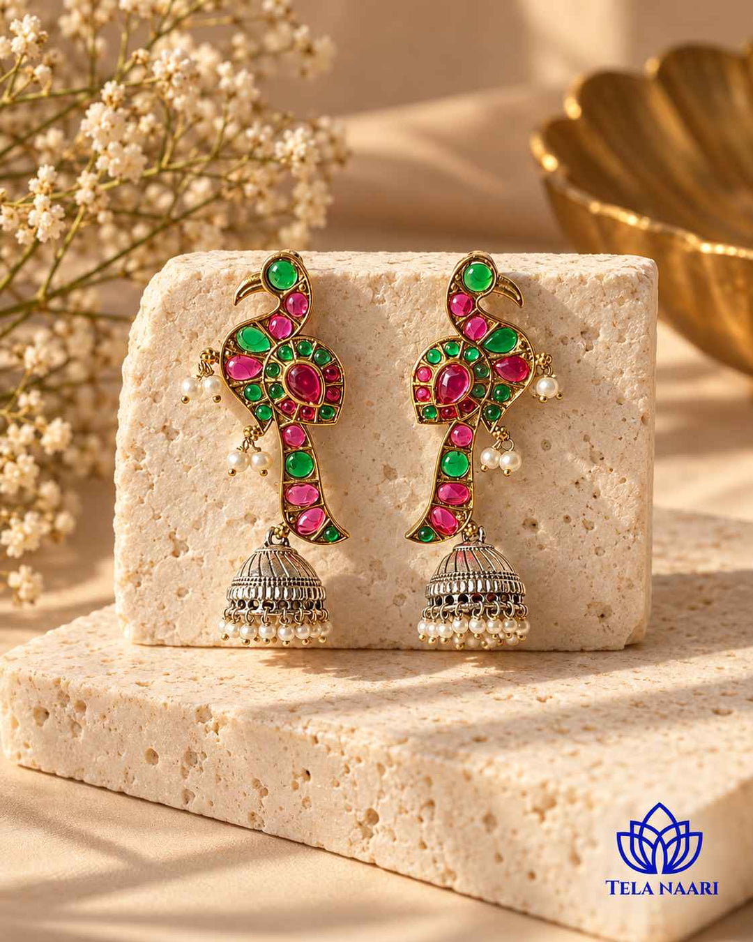 Sandhya Peacock Red Green Dual Tone Jhumka Earrings