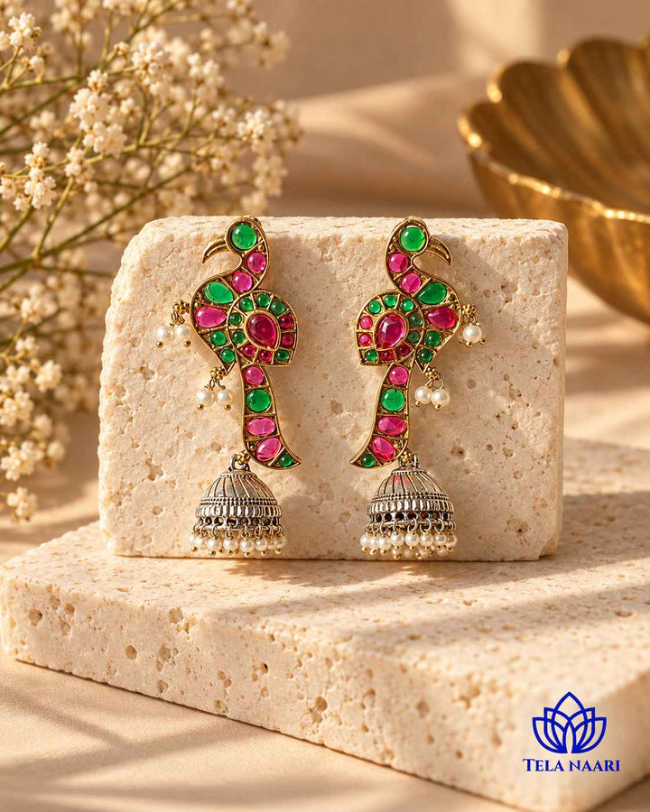 Sandhya Peacock Red Green Dual Tone Jhumka Earrings