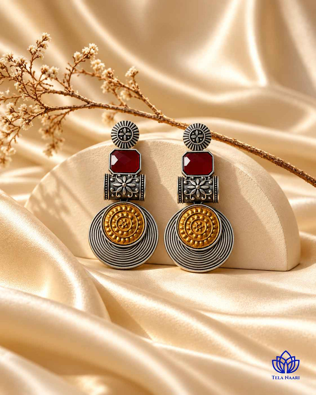 Aashtha Dual Tone Silver-Plated Red Earrings