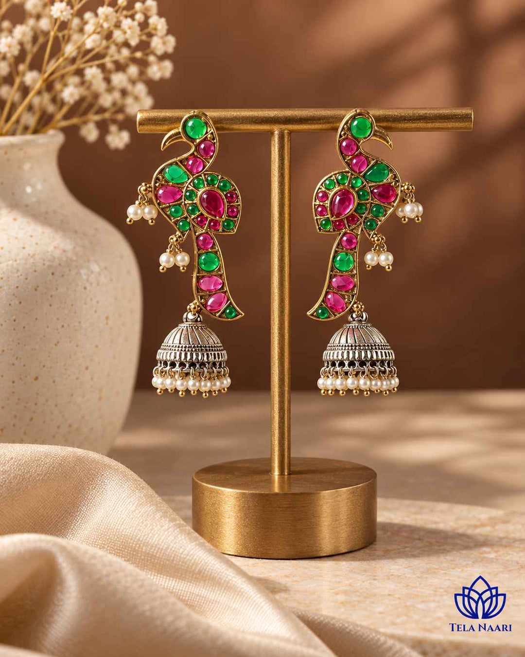 Sandhya Peacock Red Green Dual Tone Jhumka Earrings