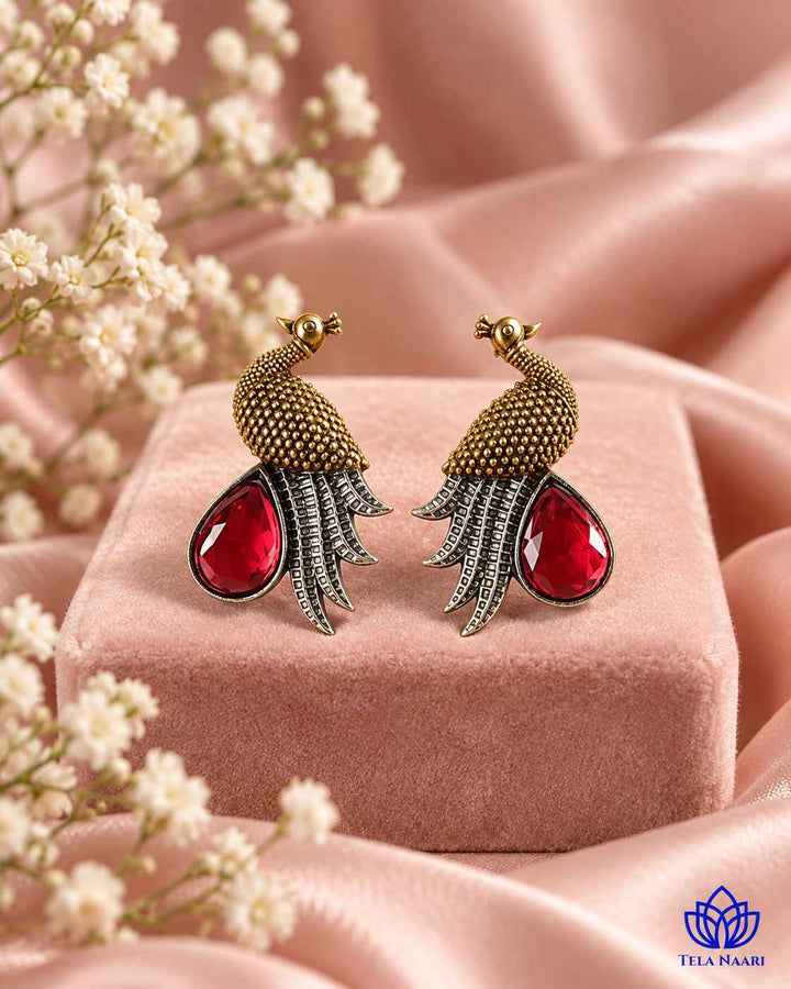 Red Peacock Dual Tone Stud Earrings