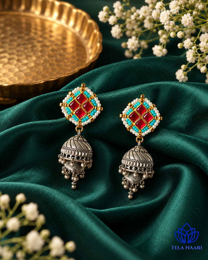 Nandita Dual Tone Fushion Pachi Kundan Jhumka Silver Plated Earrings