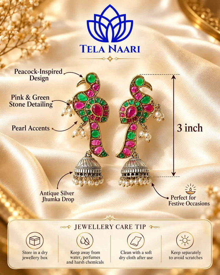 Sandhya Peacock Red Green Dual Tone Jhumka Earrings