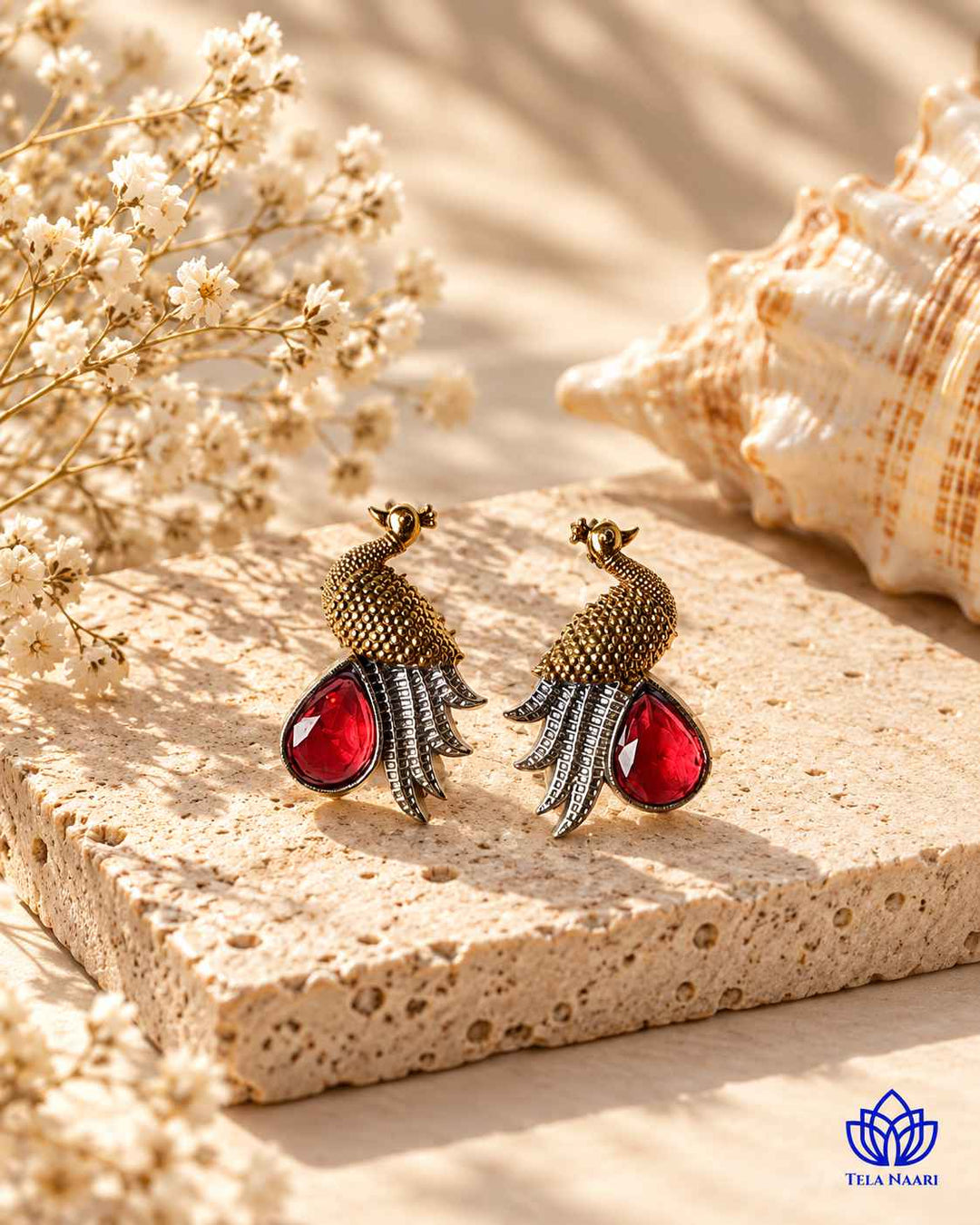 Red Peacock Dual Tone Stud Earrings