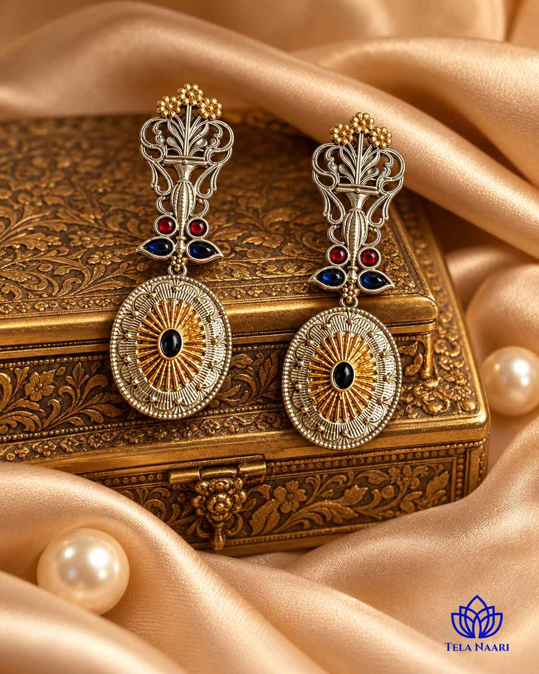 Dual Tone Drit Peacock Red Blue Earrings