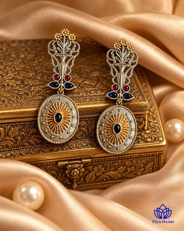 Dual Tone Drit Peacock Red Blue Earrings