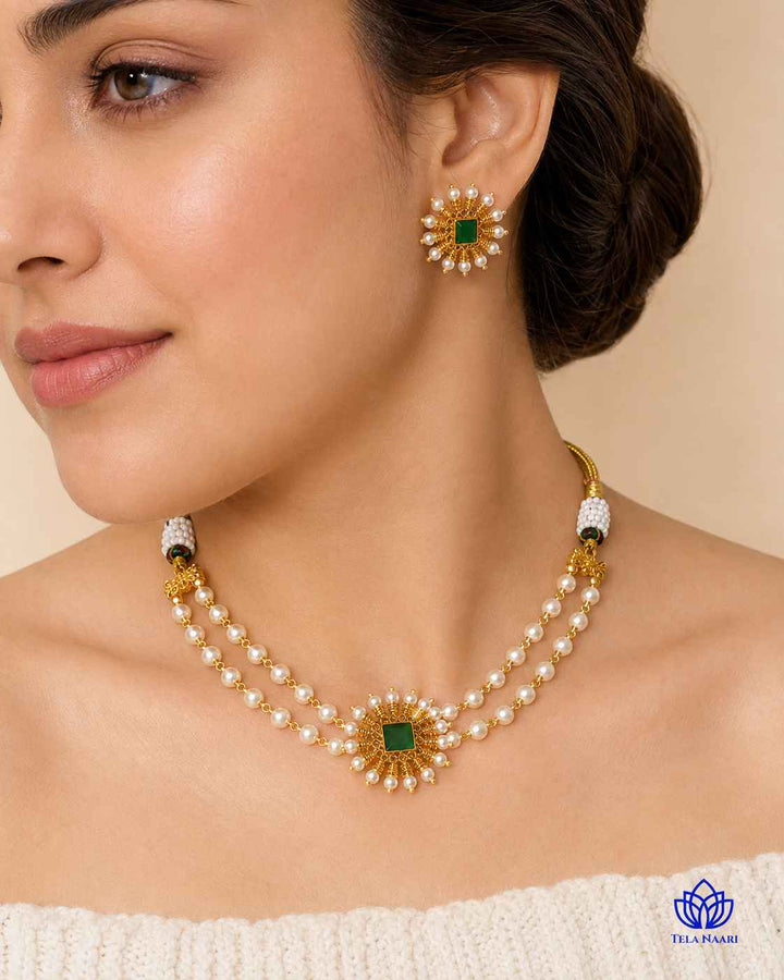 Jeevika Gold Plated Gold Stone Necklace Set
