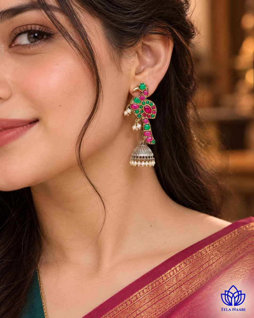 Sandhya Peacock Red Green Dual Tone Jhumka Earrings