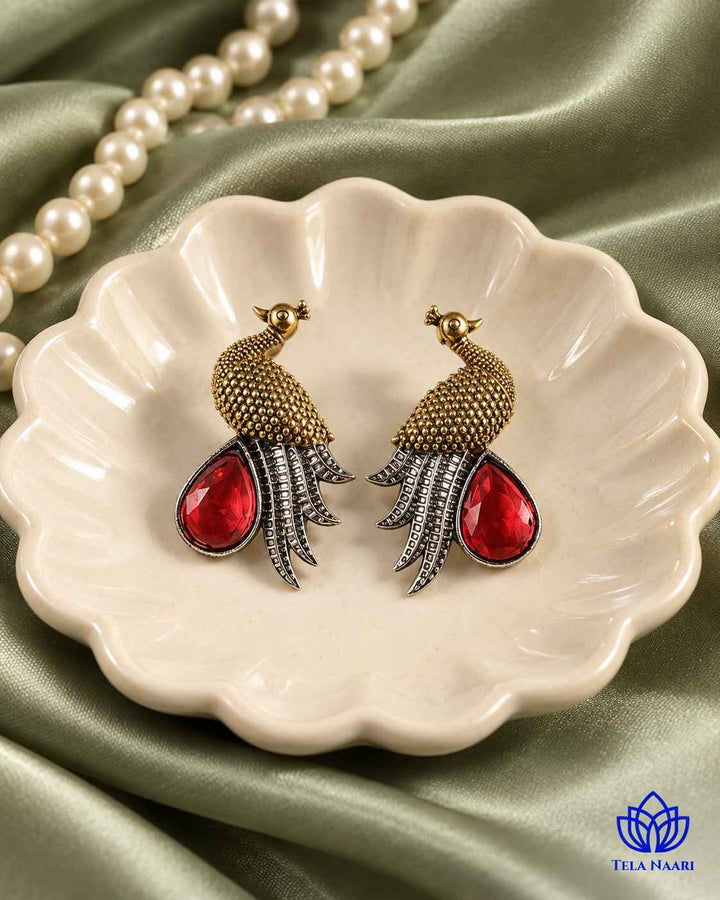 Red Peacock Dual Tone Stud Earrings
