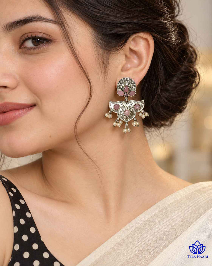 Silver Oxidised Pink Earrings Bashobi