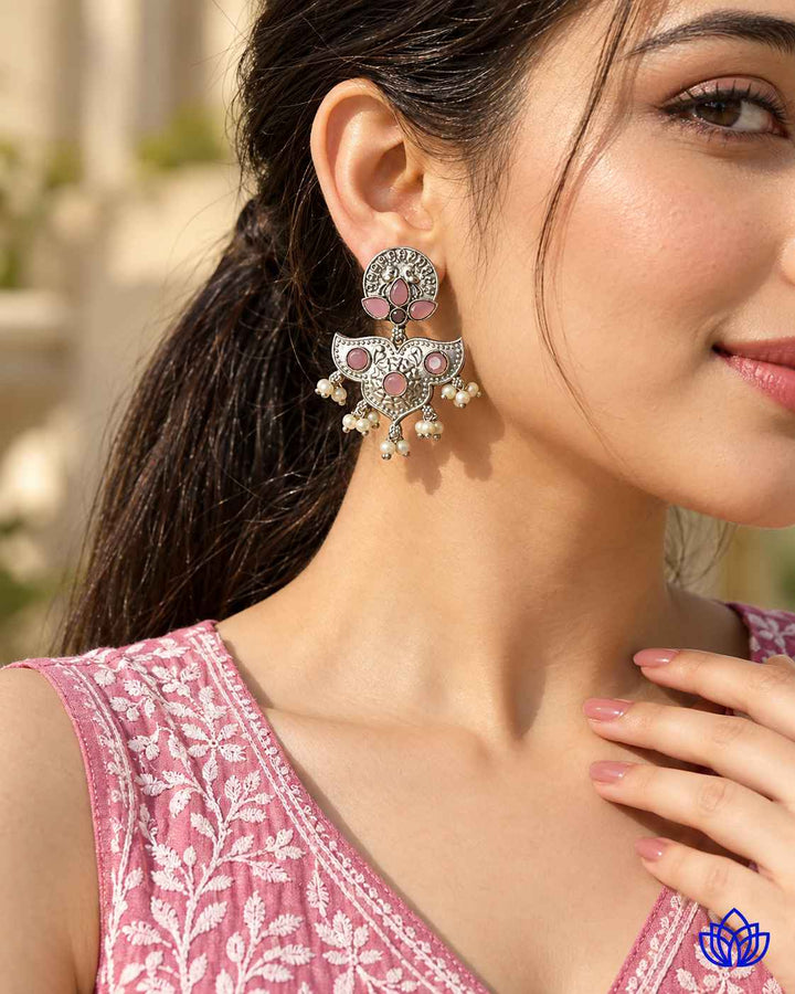 Silver Oxidised Pink Earrings Bashobi