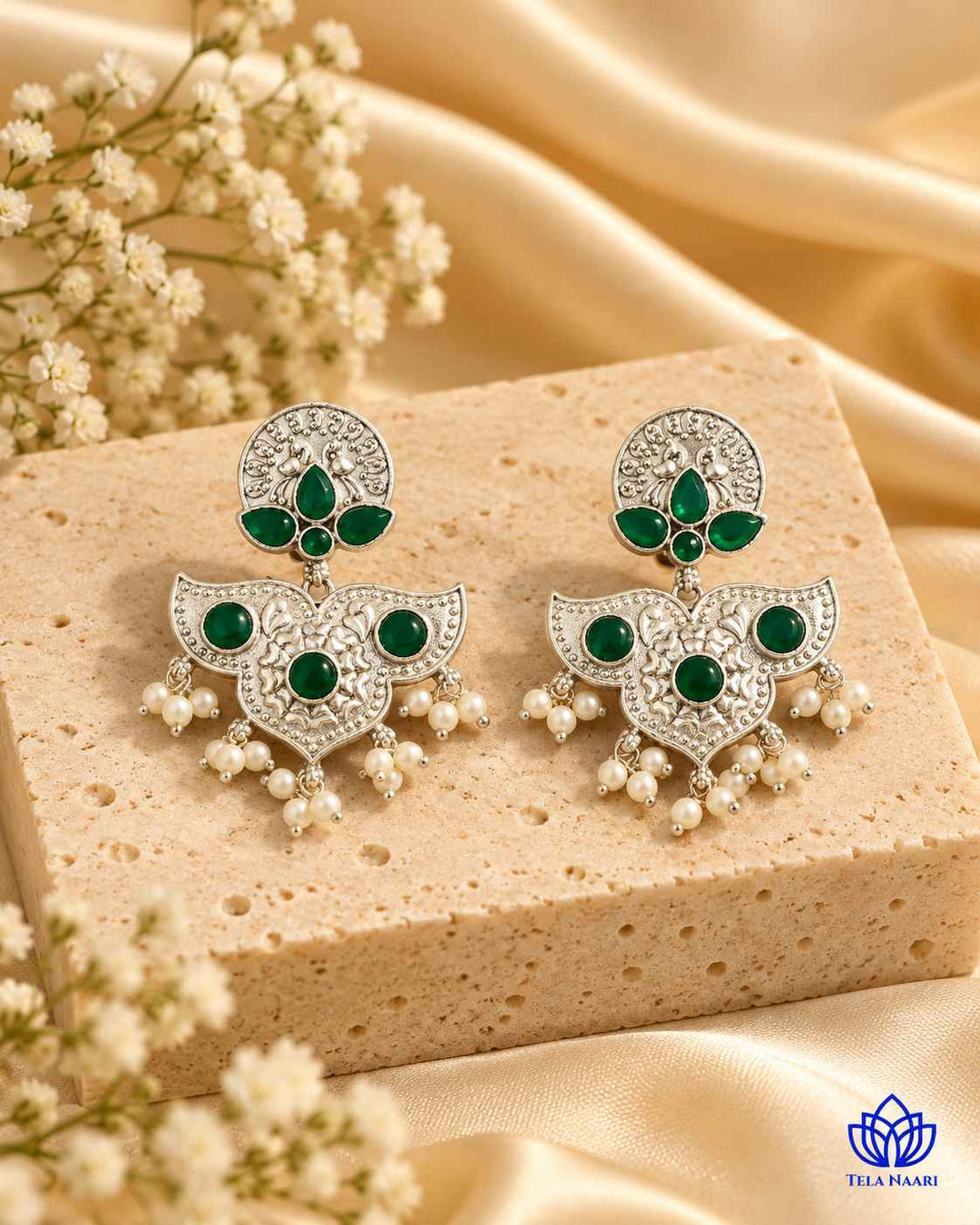 Silver Oxidised Green Earrings Bashobi