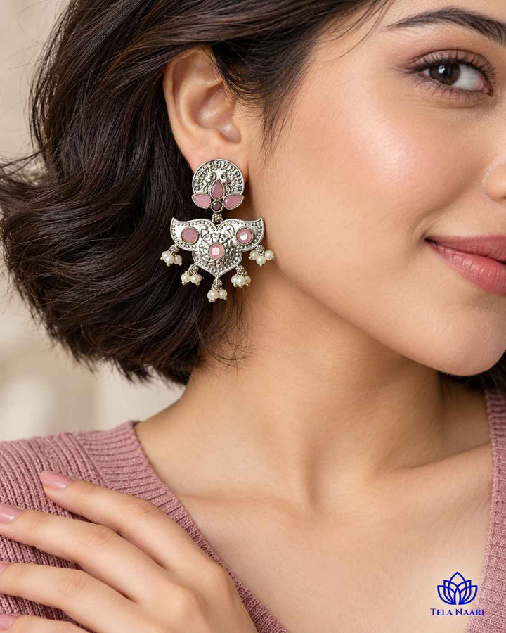 Silver Oxidised Pink Earrings Bashobi
