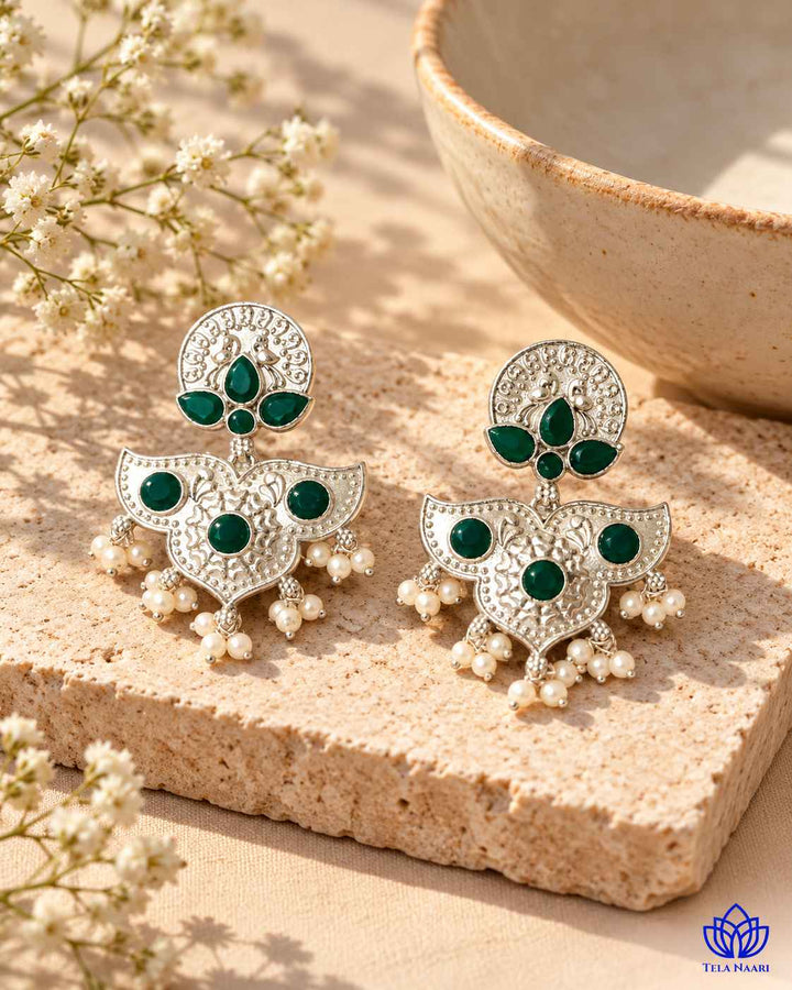 Silver Oxidised Green Earrings Bashobi