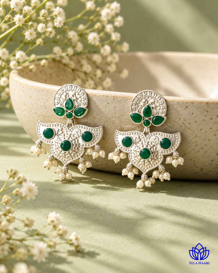 Silver Oxidised Green Earrings Bashobi