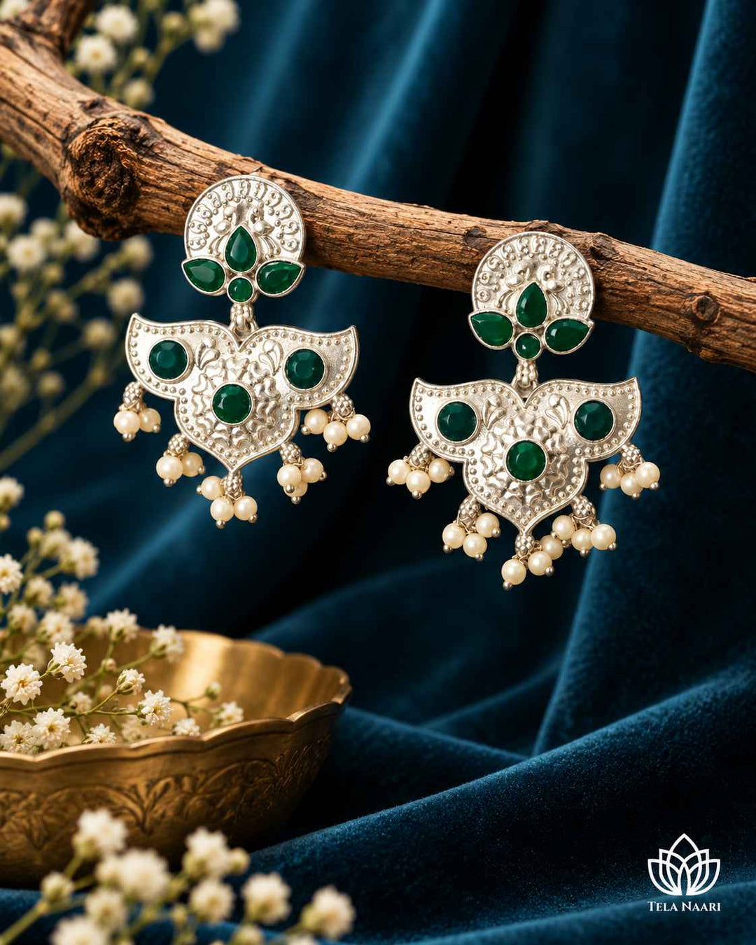 Silver Oxidised Green Earrings Bashobi