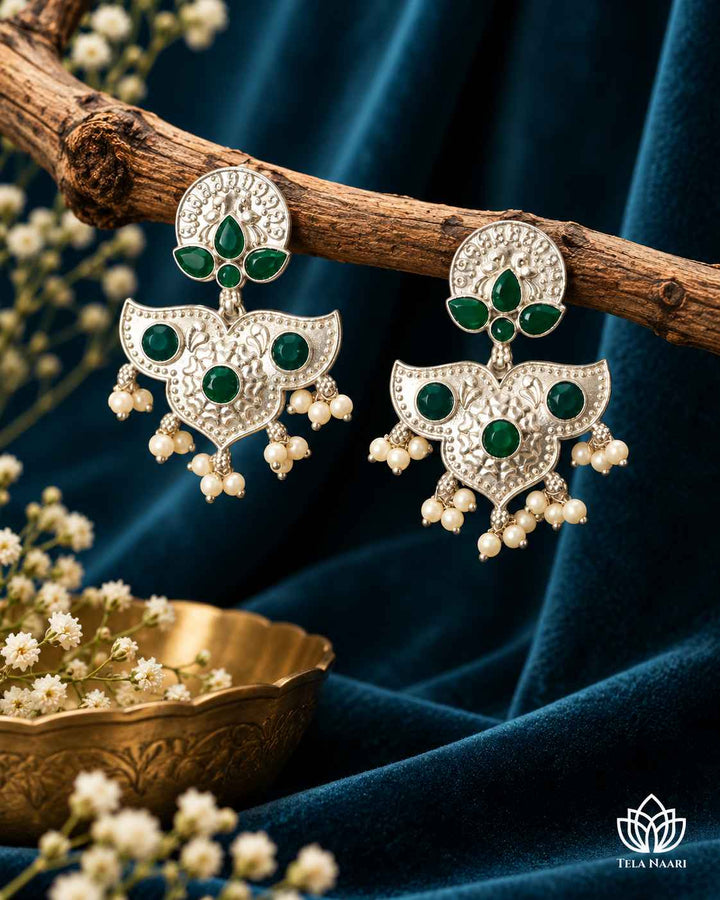 Silver Oxidised Green Earrings Bashobi