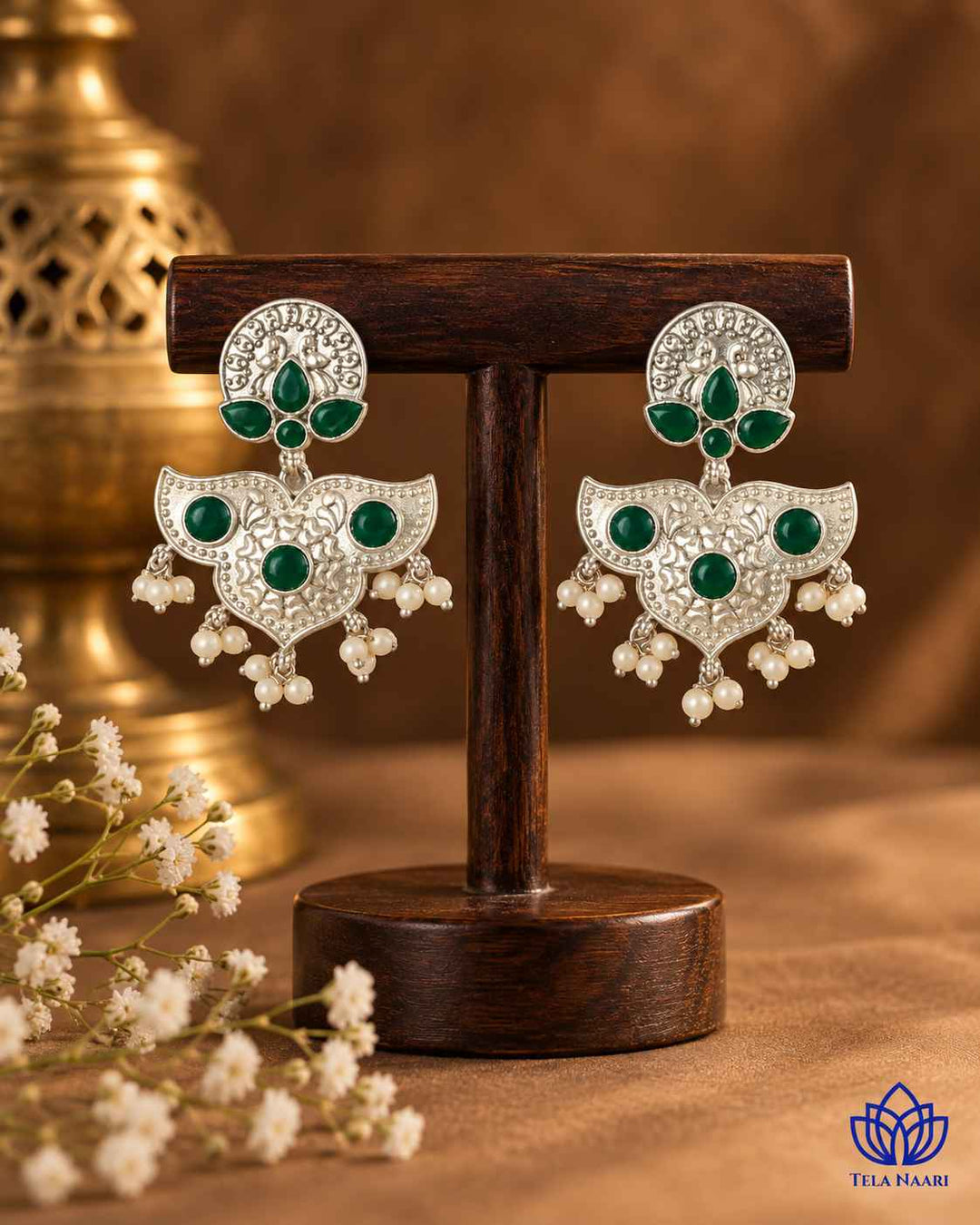 Silver Oxidised Green Earrings Bashobi