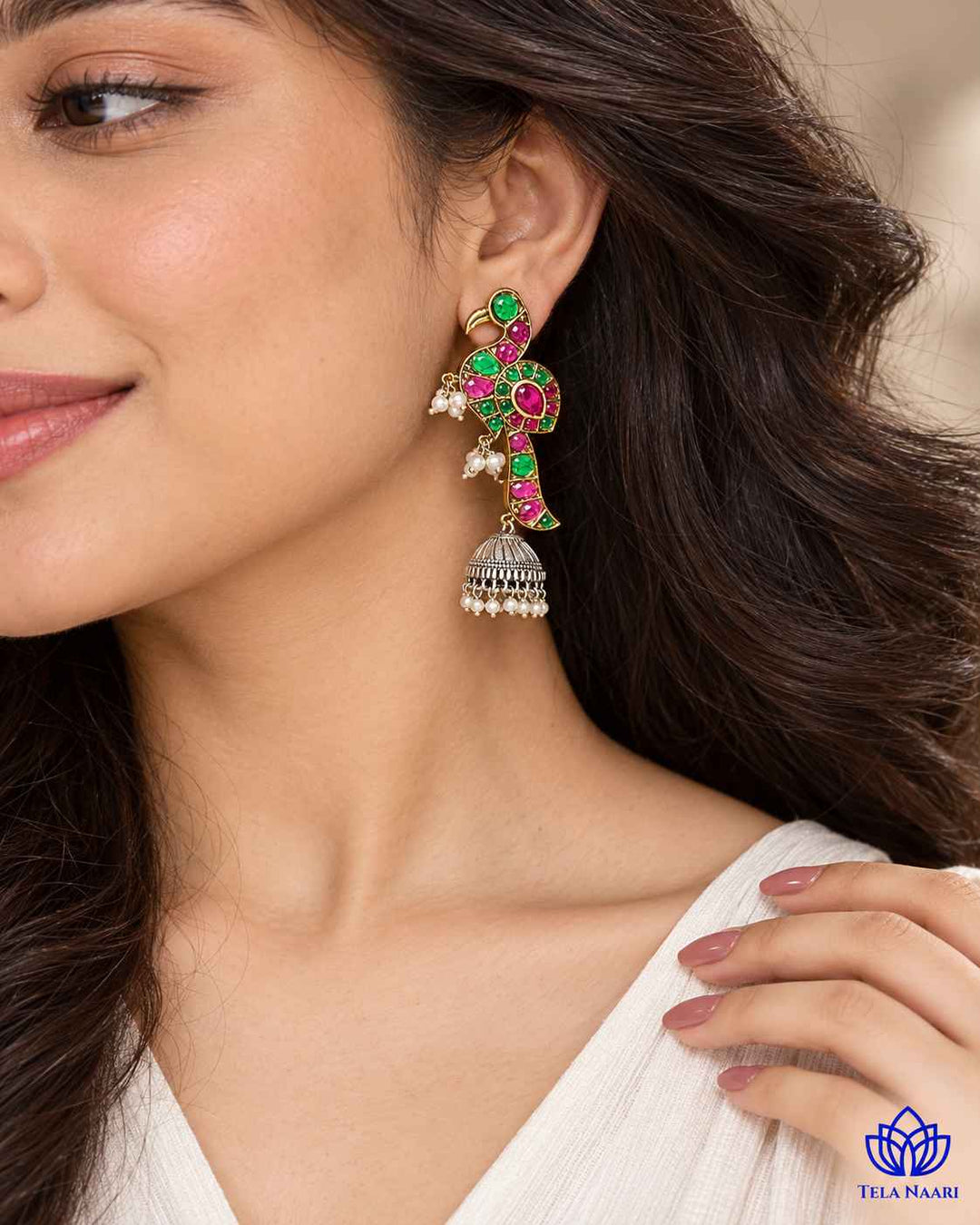 Sandhya Peacock Red Green Dual Tone Jhumka Earrings