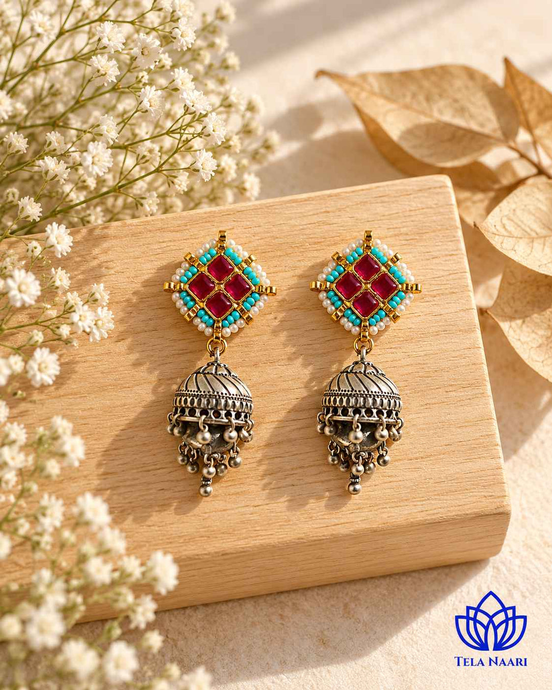 Nandita Dual Tone Fushion Pachi Kundan Jhumka Silver Plated Earrings