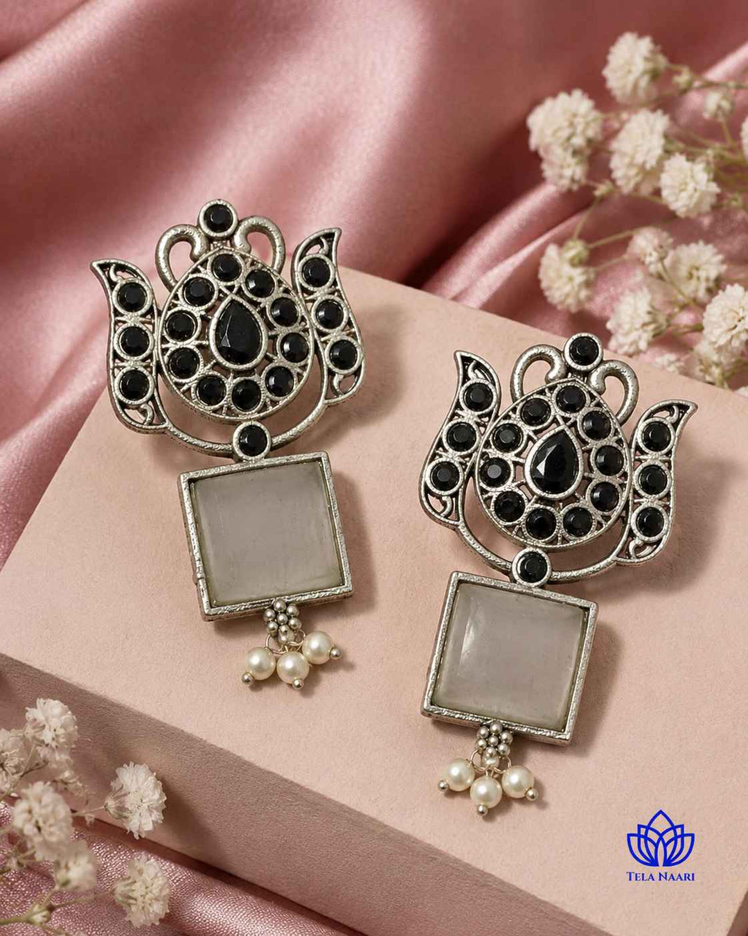Silver Oxidised Earrings Azalea White