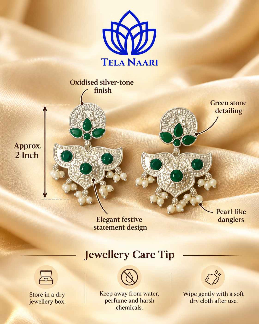 Silver Oxidised Green Earrings Bashobi