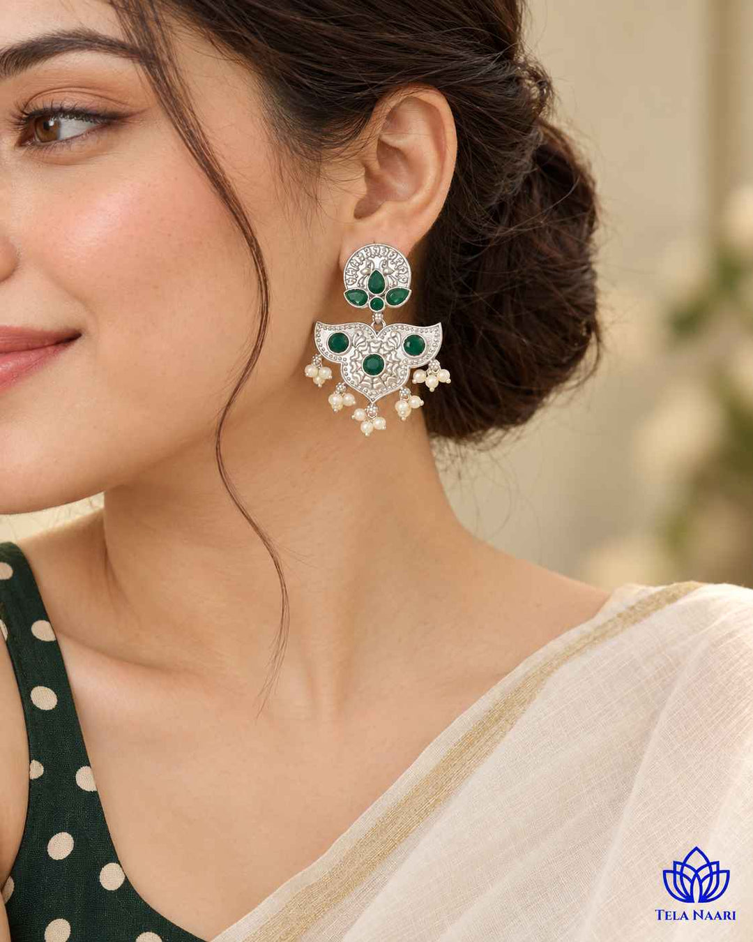 Silver Oxidised Green Earrings Bashobi
