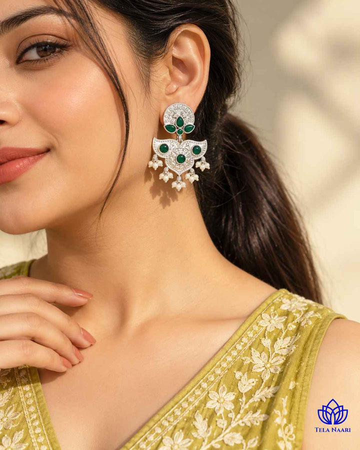 Silver Oxidised Green Earrings Bashobi