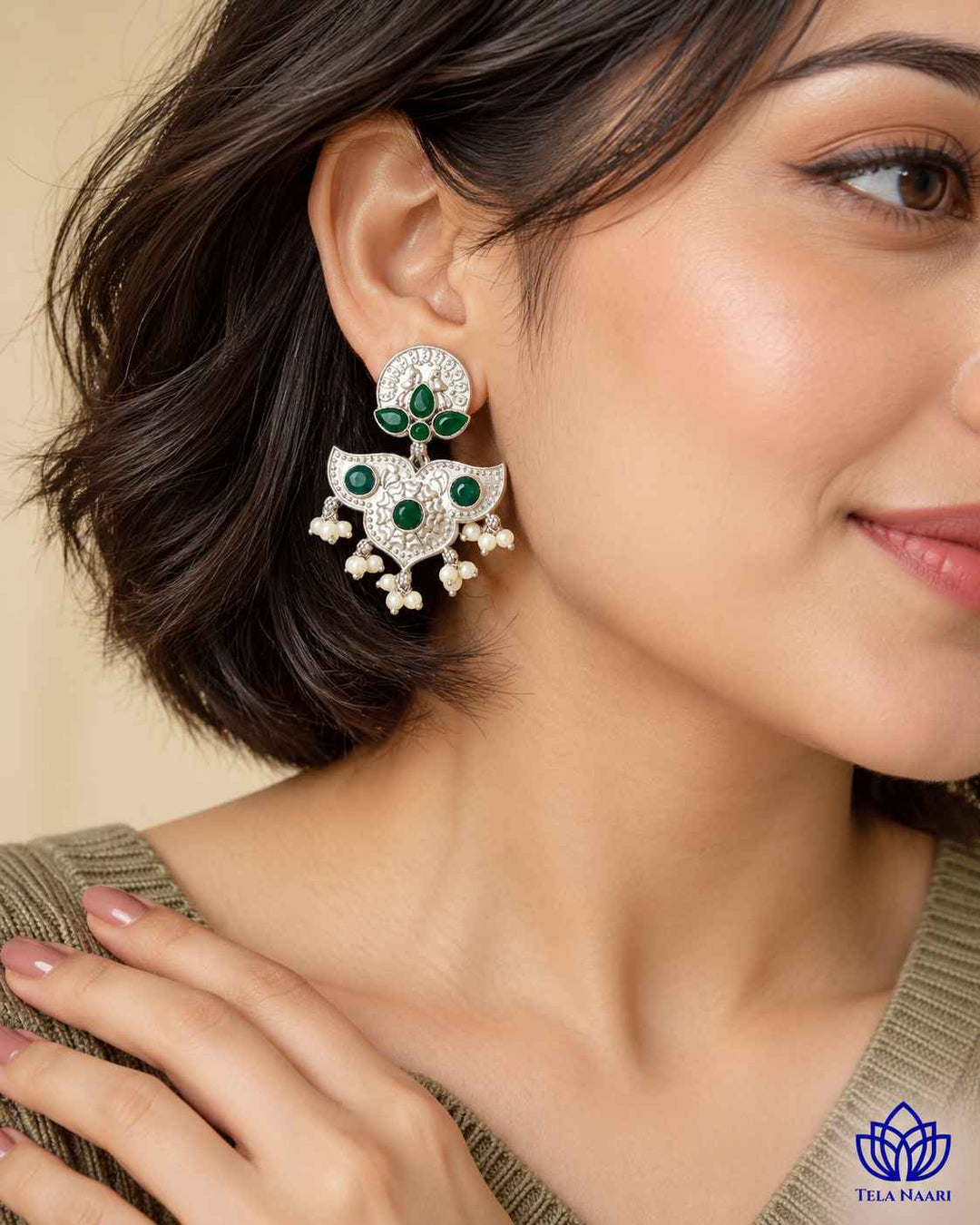 Silver Oxidised Green Earrings Bashobi