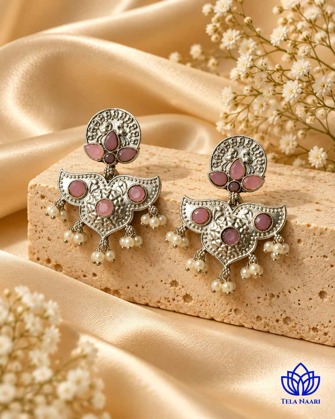 Silver Oxidised Pink Earrings Bashobi
